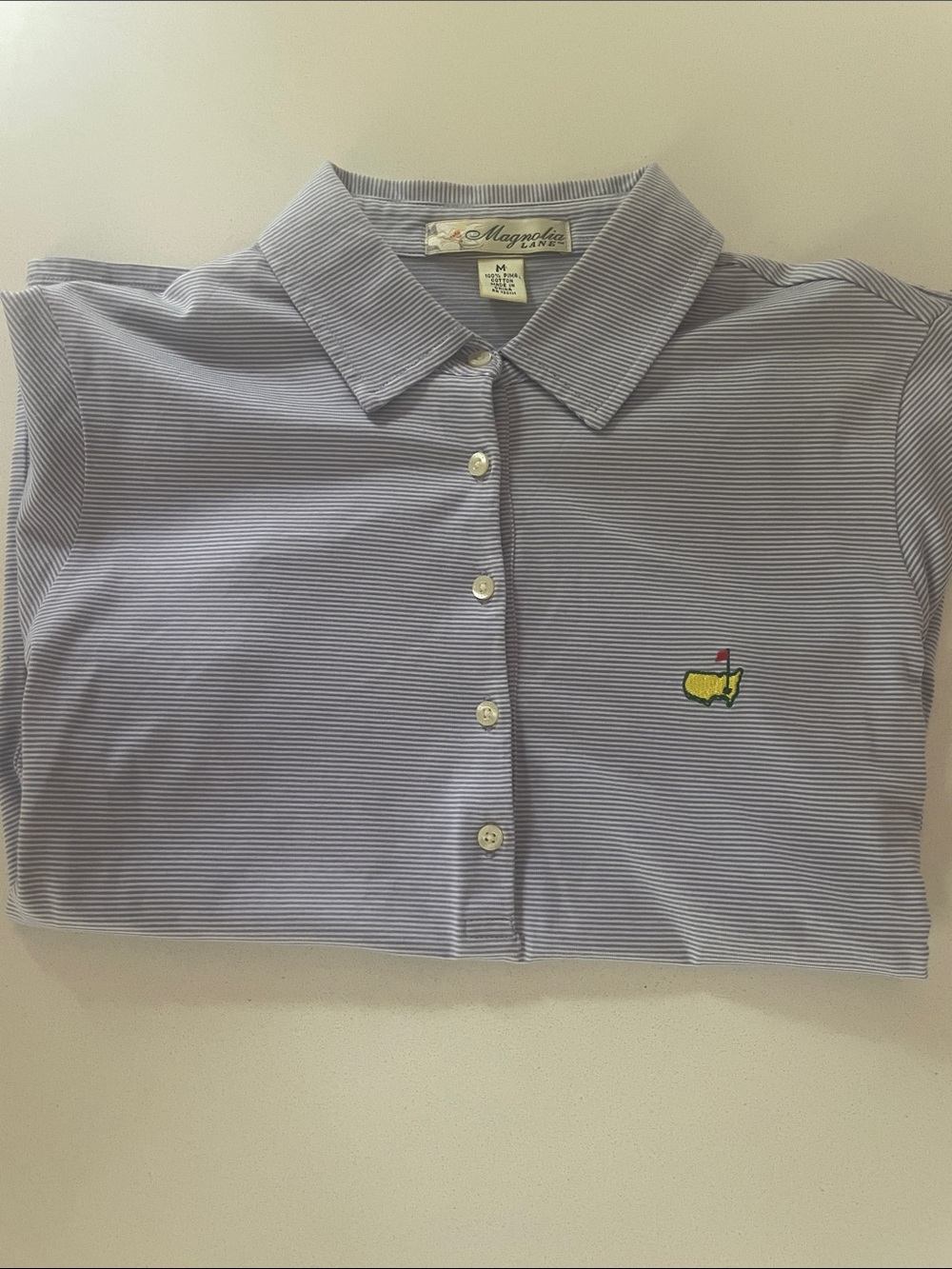 Magnolia Lane Masters Golf Polo Vintage Label Pima Cotton Purple & White Stripe - Picture 4 of 12